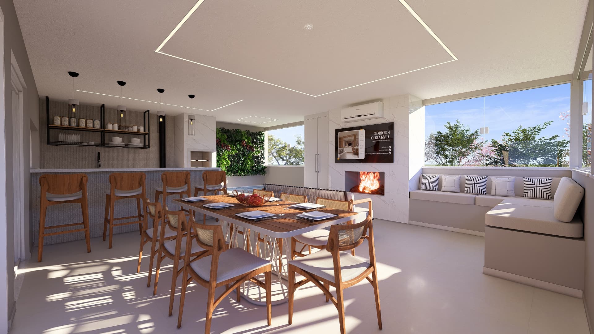 Sala de jantar integrada à cozinha com marcenaria em madeira e iluminação embutida