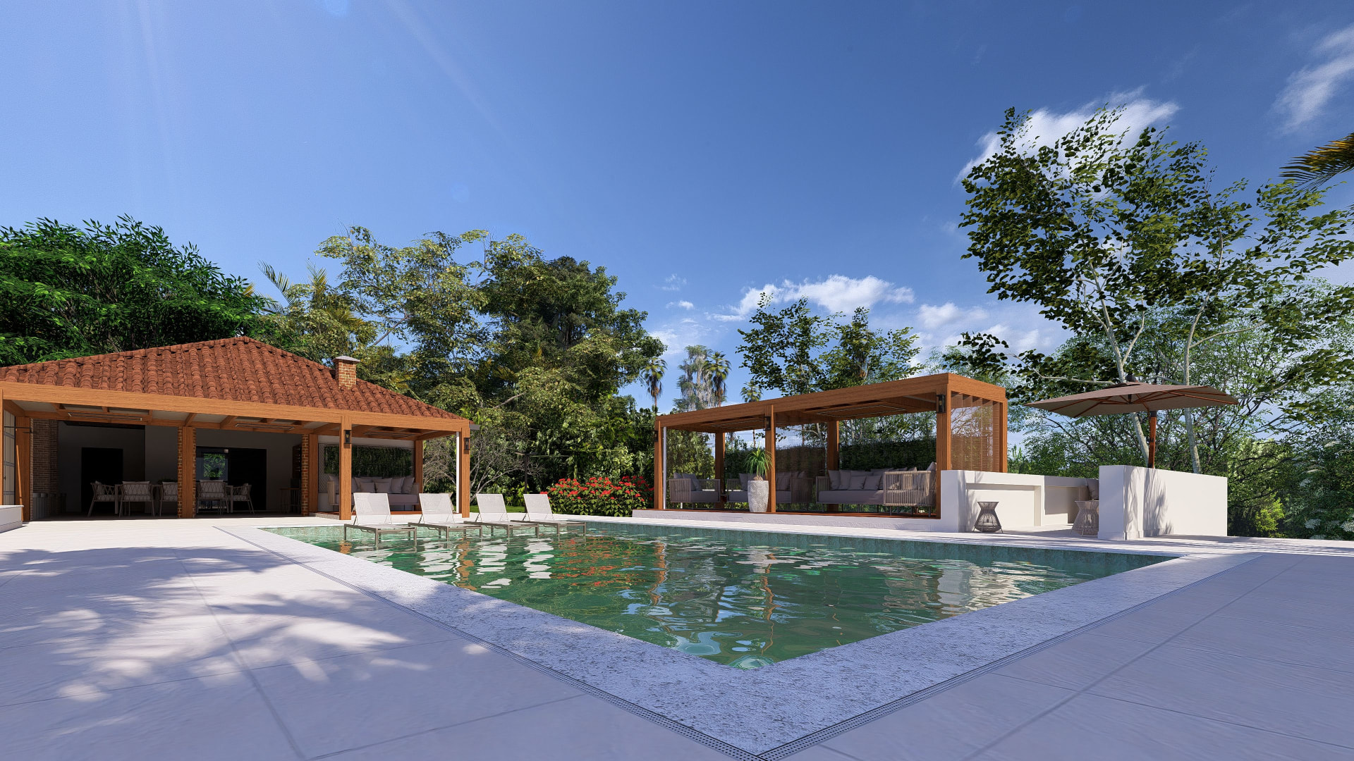 Piscina com espaço gourmet e pergolado em chácara de alto padrão